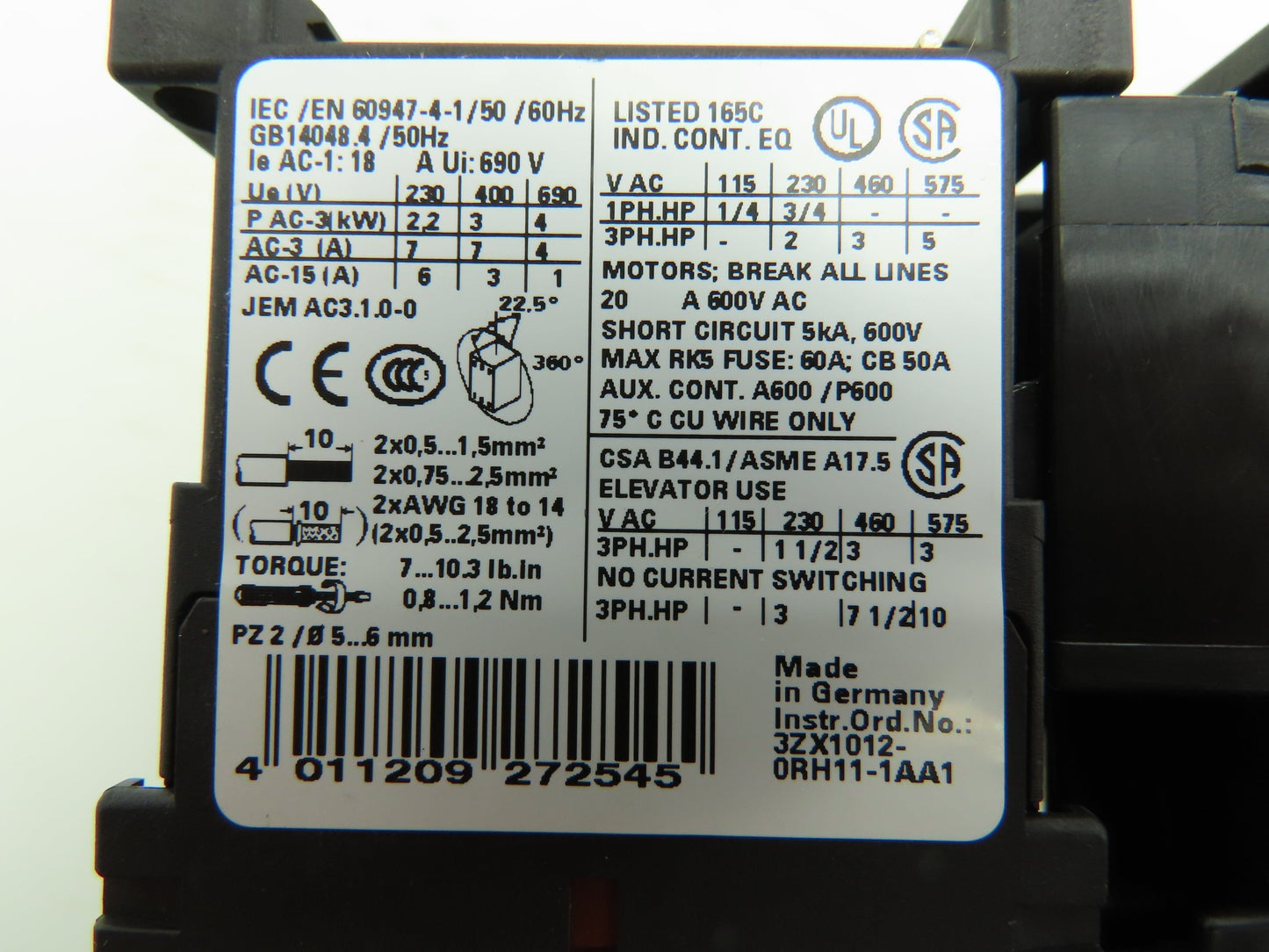 Siemens 3RV1011-0DA10 Motor Starter Contactor Breaker Setup 600V 3Ph 24V Coil