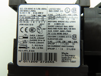 Siemens 3RV1011-0DA10 Motor Starter Contactor Breaker Setup 600V 3Ph 24V Coil