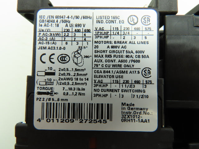 Siemens 3RV1011-0DA10 Motor Starter Contactor Breaker Setup 600V 3Ph 24V Coil