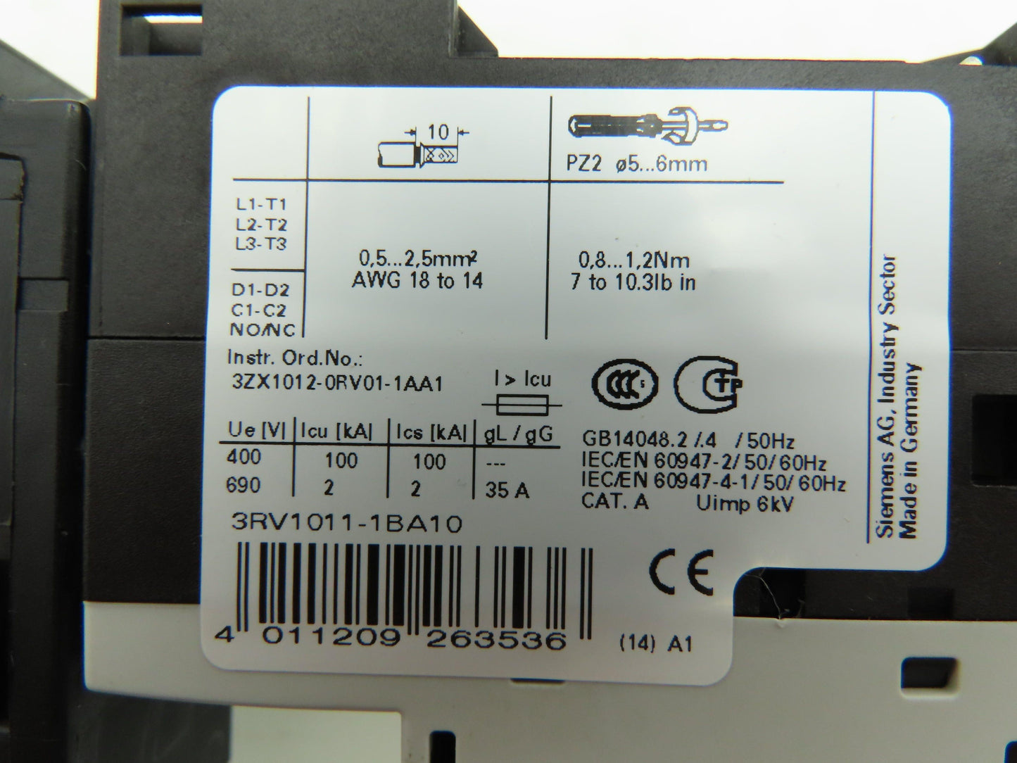 Siemens 3RV1011-0DA10 Motor Starter Contactor Breaker Setup 600V 3Ph 24V Coil