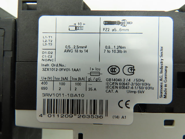 Siemens 3RV1011-0DA10 Motor Starter Contactor Breaker Setup 600V 3Ph 24V Coil