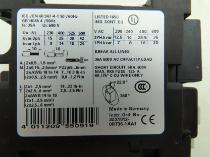 Siemens 3RT1627-1A Motor Starter Contactor Aux Contacts 690V 36A 3Ph 230V Coil