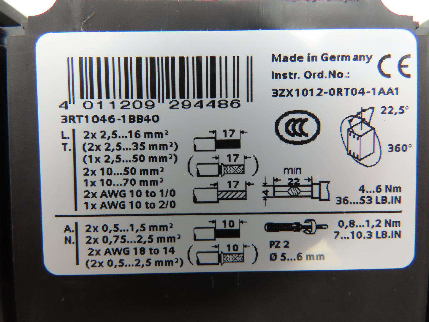 Siemens 3RT1046-1BB40 Sirius Motor Starter Contactor 120A 1000V 24VDC Coil