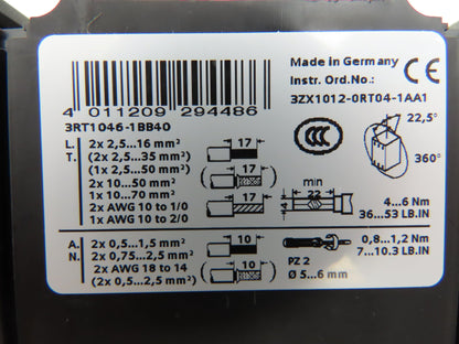 Siemens 3RT1046-1BB40 Sirius Motor Starter Contactor 120A 1000V 24VDC Coil