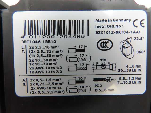 Siemens 3RT1046-1BB40 Sirius Motor Starter Contactor 120A 1000V 24VDC Coil