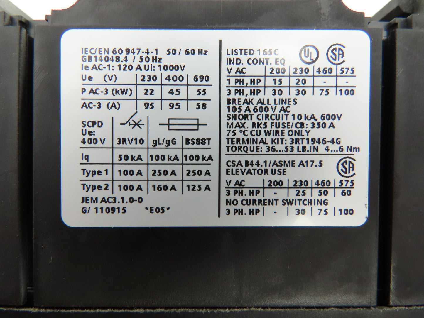 Siemens 3RT1046-1BB40 Sirius Motor Starter Contactor 120A 1000V 24VDC Coil