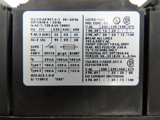 Siemens 3RT1046-1BB40 Sirius Motor Starter Contactor 120A 1000V 24VDC Coil