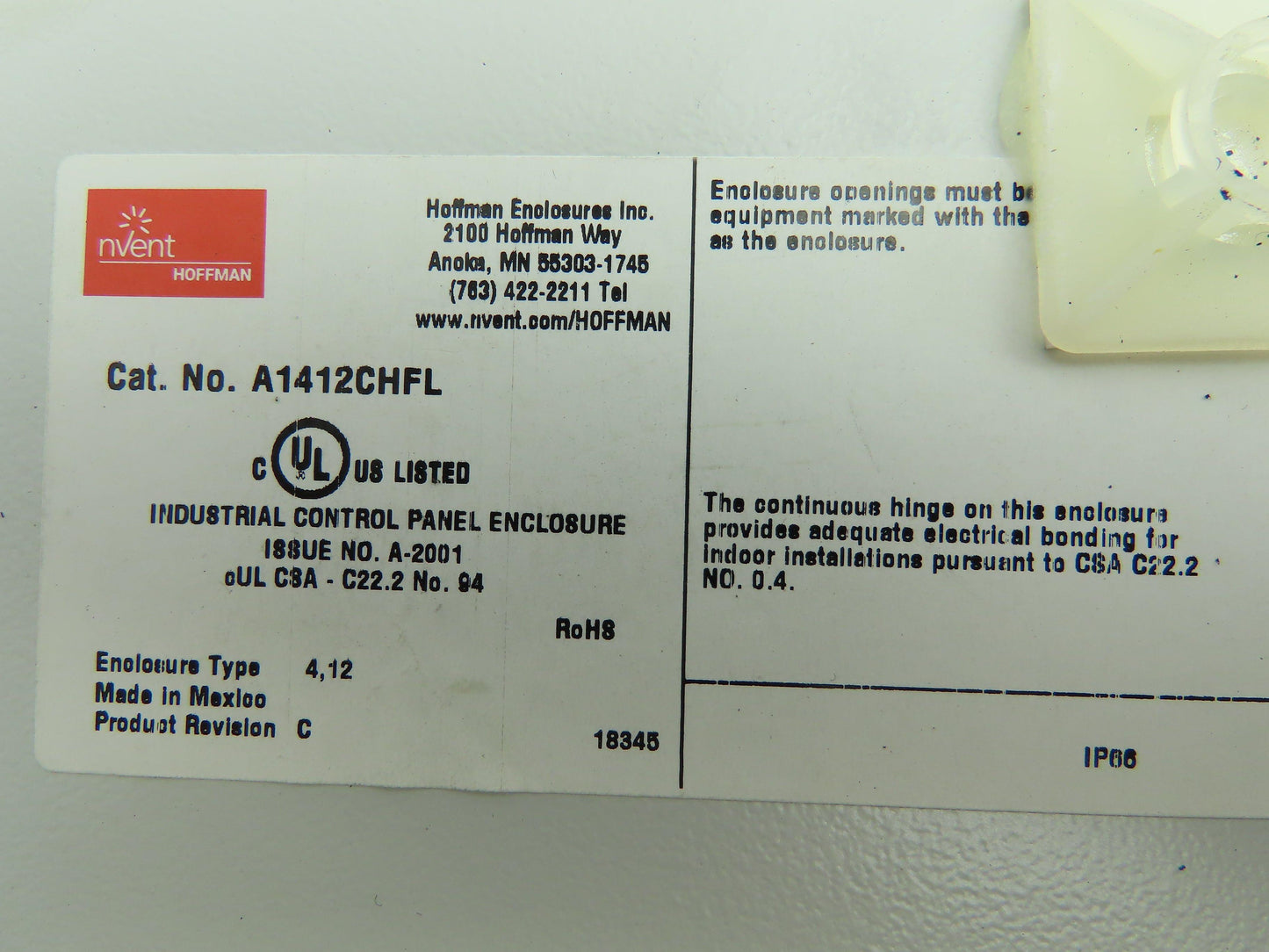 Hoffman A1412CHFL Electrical Enclosure 14x12x6" Terminal Blocks 7x5" Cutout