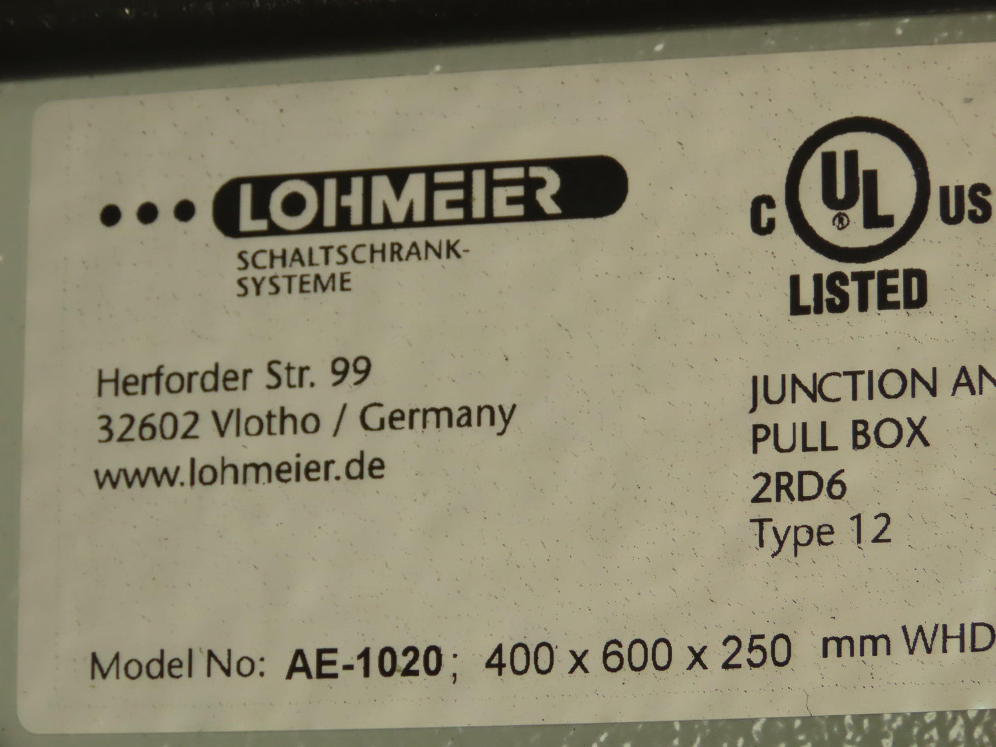 Lohmeier AE-1020 Electrical Enclosure 400 x 600 x 250mm Backplate Disconnect