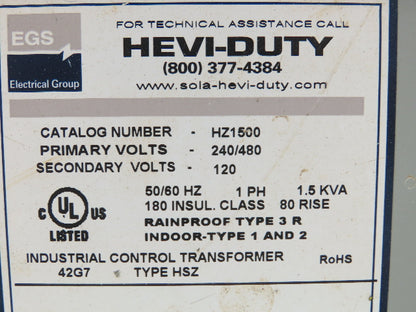 Sola Hevi-Duty HZ1500 Control Transformer 1.5KVA 240x480V-120V 1PH 3R Wall Mt