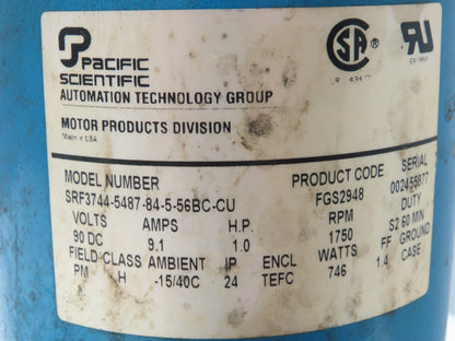 Pacific Scientific FGS2948 DC Motor 90V 1Hp 1750 RPM 9.1A 746W 36 In-Lb 56C TEFC