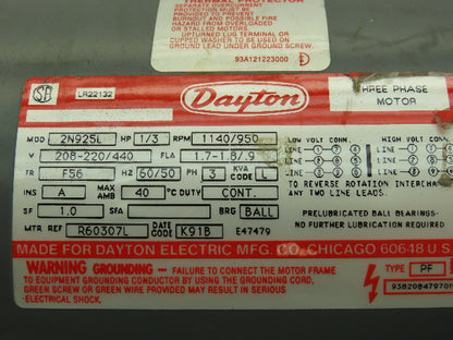 Dayton 2N925L AC Motor 1/3Hp 1140/950 RPM 208-220/440V 460V 3PH F56 TEFC