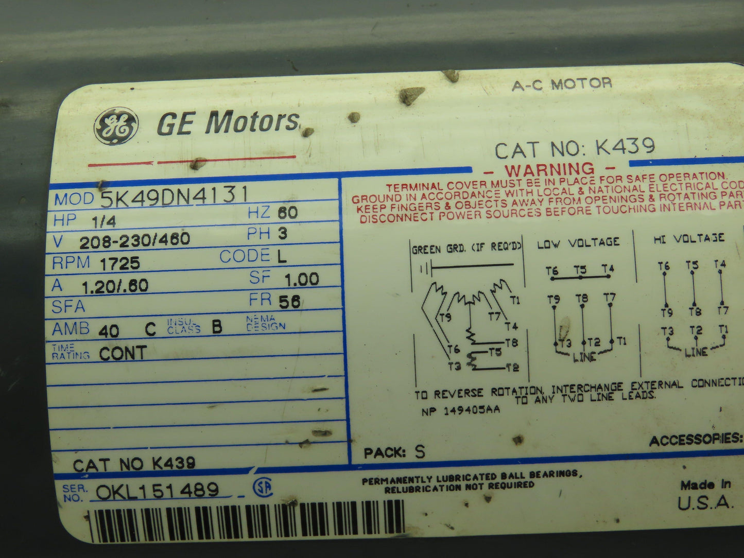 GE 5K49DN4131 AC Motor 1/4Hp 1725 RPM 208-230/460V 3PH TENV K439