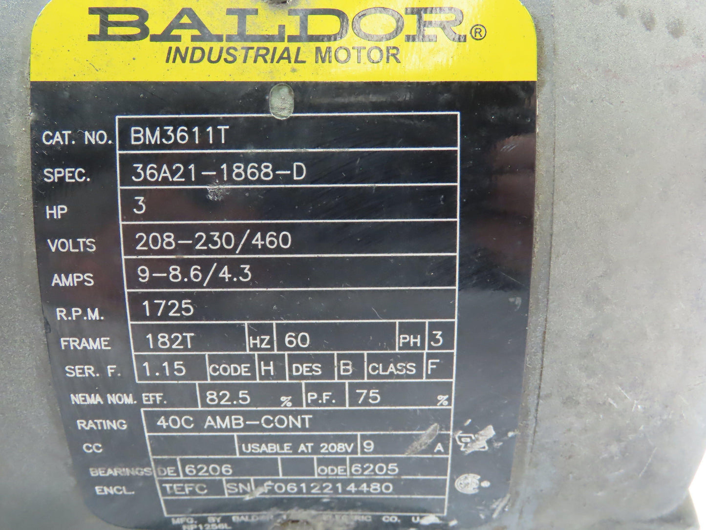Baldor BM3611T AC Motor 3Hp 1725 RPM 208-230/460V 3PH 182T TEFC - No Brake