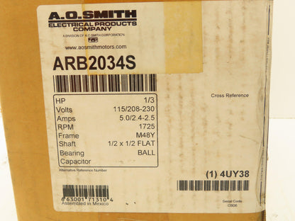 AO SMITH ARB2034S Direct Drive Blower Motor 1/3 HP 1725 RPM 115/208-230V 48Y