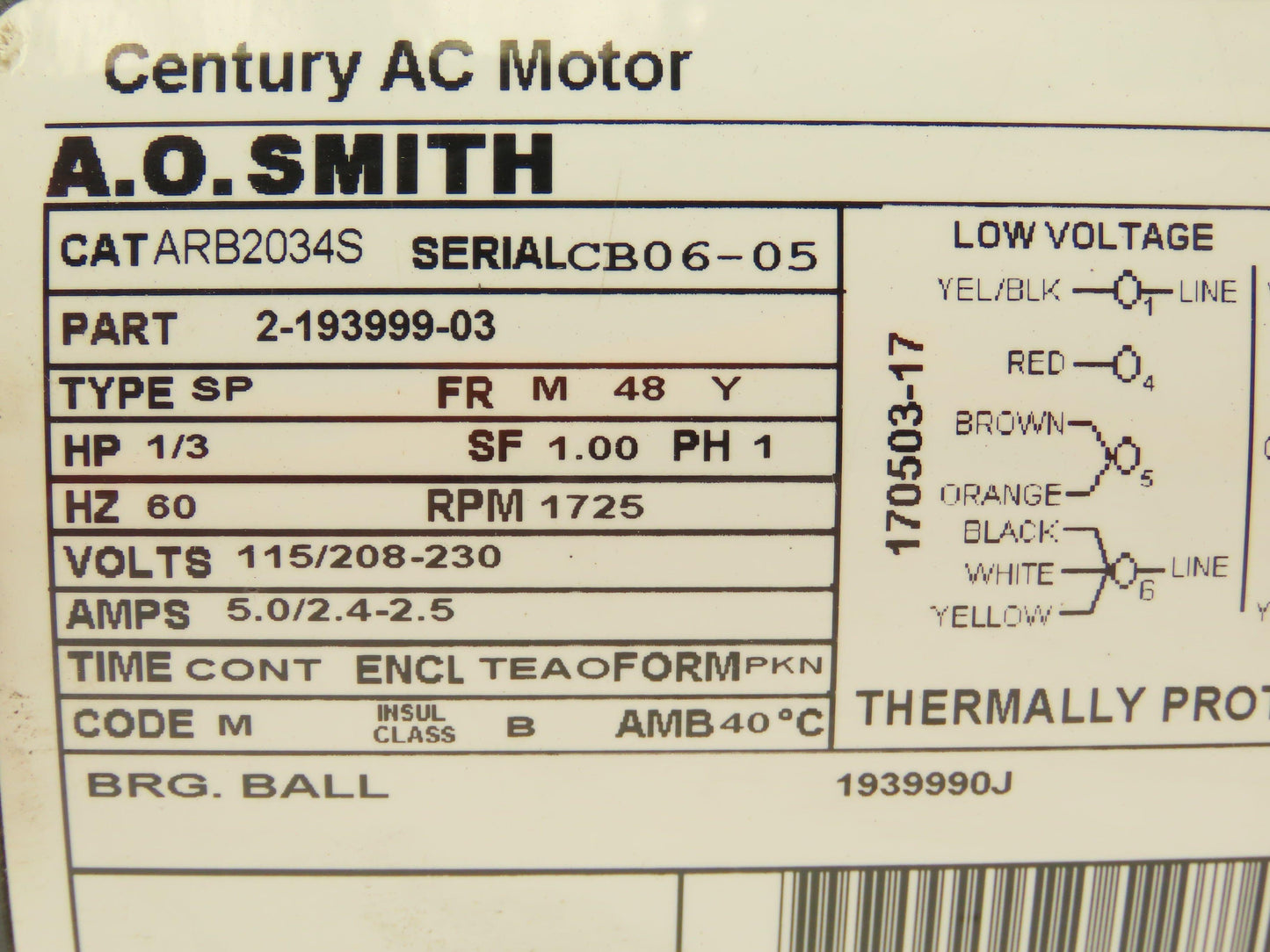 AO SMITH ARB2034S Direct Drive Blower Motor 1/3 HP 1725 RPM 115/208-230V 48Y