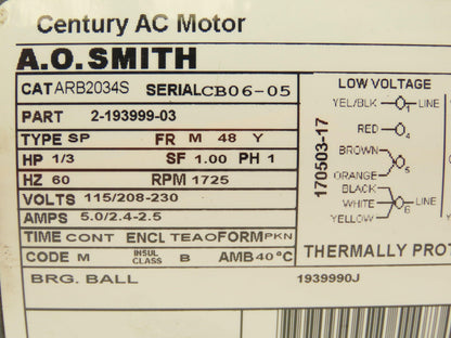 AO SMITH ARB2034S Direct Drive Blower Motor 1/3 HP 1725 RPM 115/208-230V 48Y