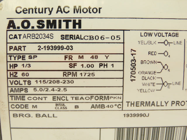 AO SMITH ARB2034S Direct Drive Blower Motor 1/3 HP 1725 RPM 115/208-230V 48Y