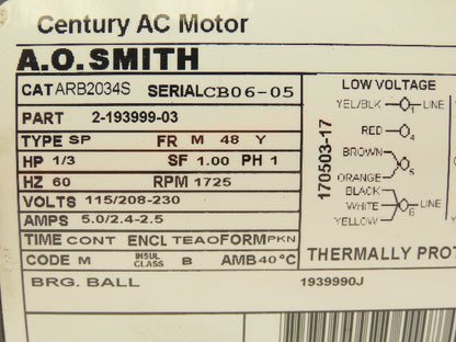 AO SMITH ARB2034S Direct Drive Blower Motor 1/3 HP 1725 RPM 115/208-230V 48Y