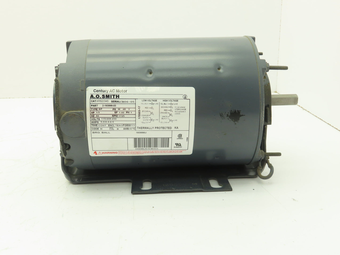 AO SMITH ARB2034S Direct Drive Blower Motor 1/3 HP 1725 RPM 115/208-230V 48Y