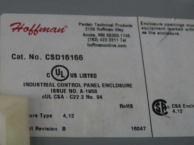 Hoffman CSD16166 Electrical Enclosure 16x16x6" Wall Mount Panelview 700 8.5x6"