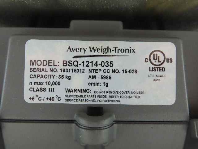 Avery Weigh Tronix BSQ-1214-035 BSQ Bench Scale 35KG 77 LBS 18x12" Custom Top