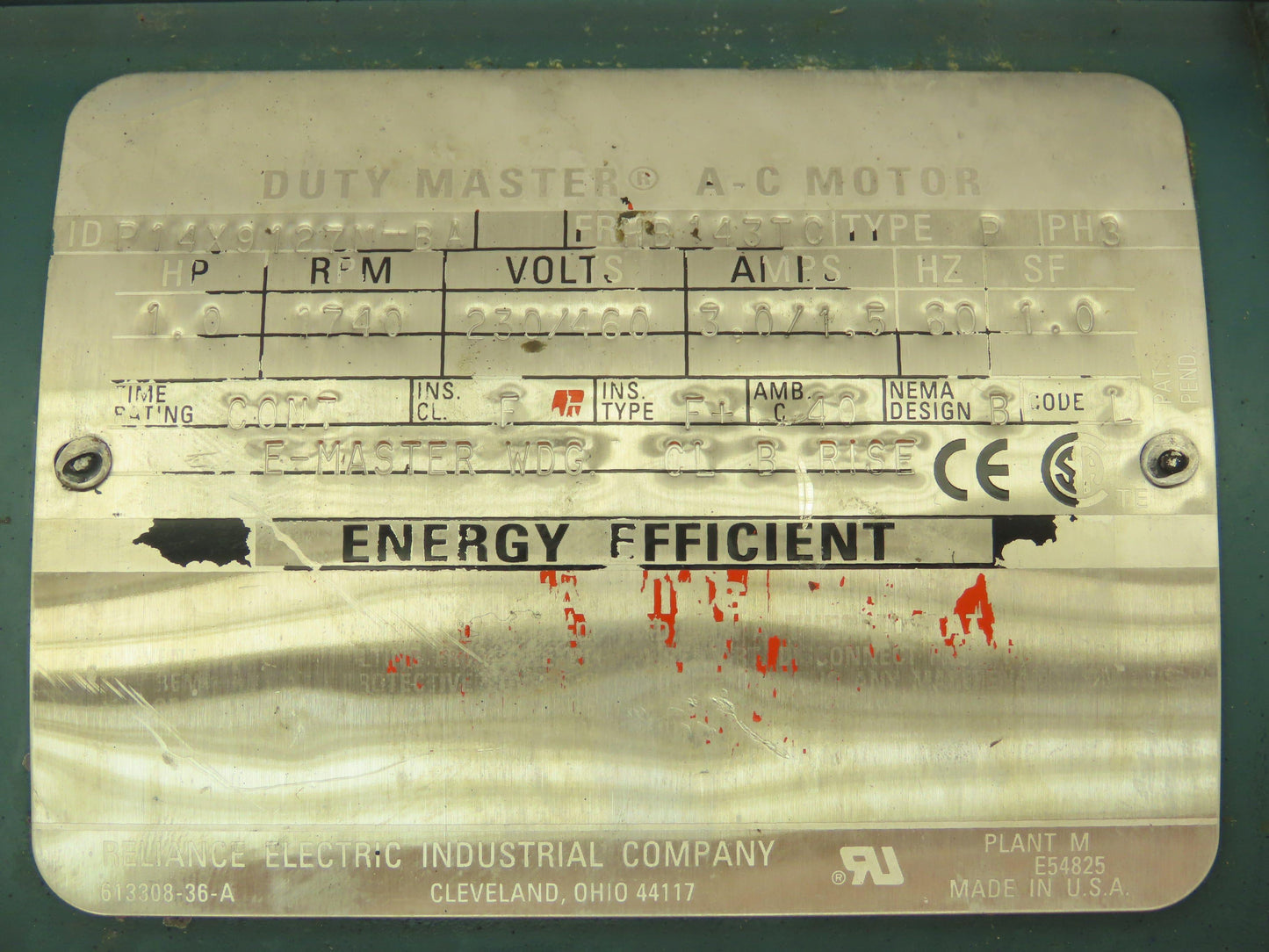 Reliance P14X9127N-BA Inverter Duty Master AC Motor 1Hp 1740 RPM 460V 3PH 143TC