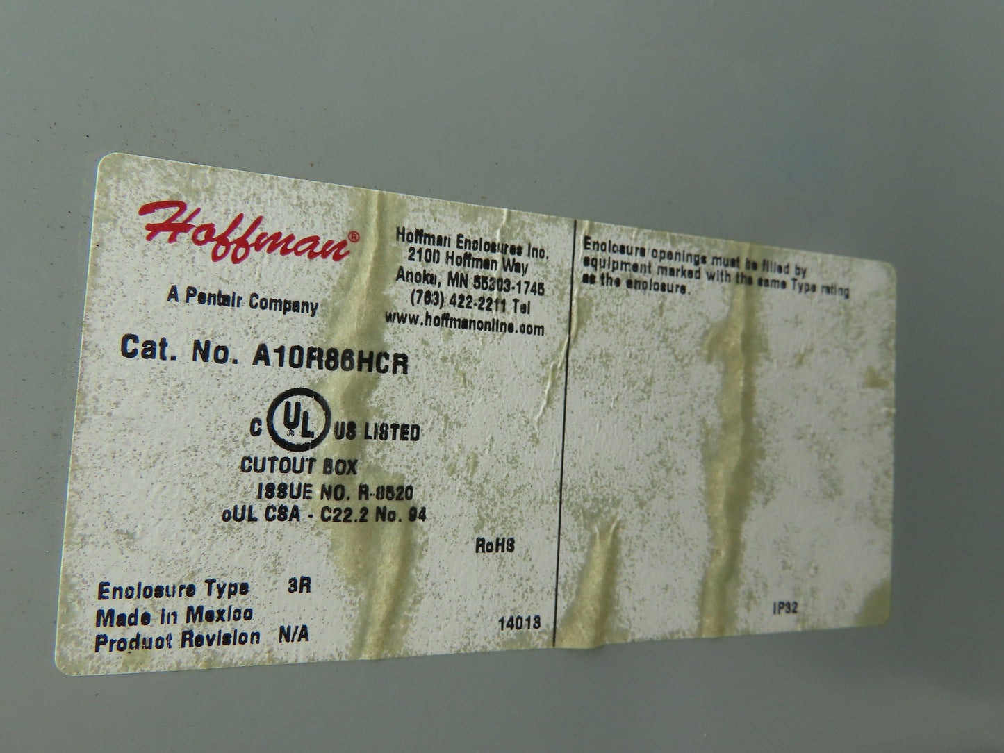 Hoffman A10R86HCR Electrical Enclosure Rainproof Metal Junction JIC 10x8x6" 3R