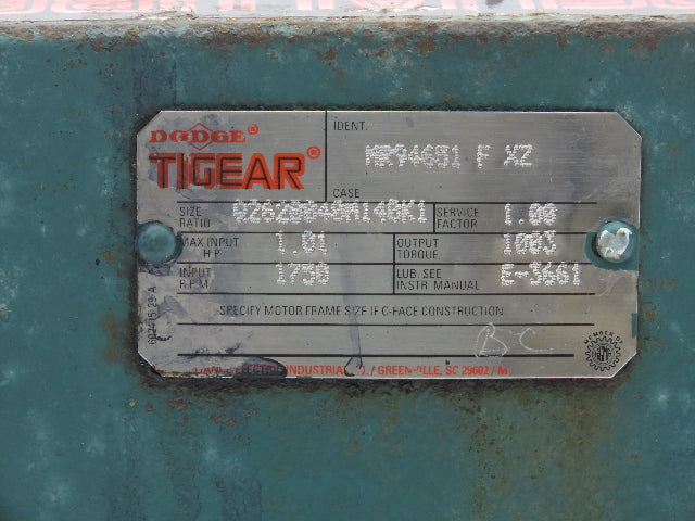 Dodge Tigear Q262B040M140K1 Worm Gearbox Reducer 40:1 Ratio 1Hp 44 RPM LH 140TC
