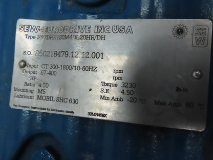Sew-Eurodrive R97DRE180M4BE20HR/DH Helical Gear Drive 4.5:1 Ratio 67-400 RPM