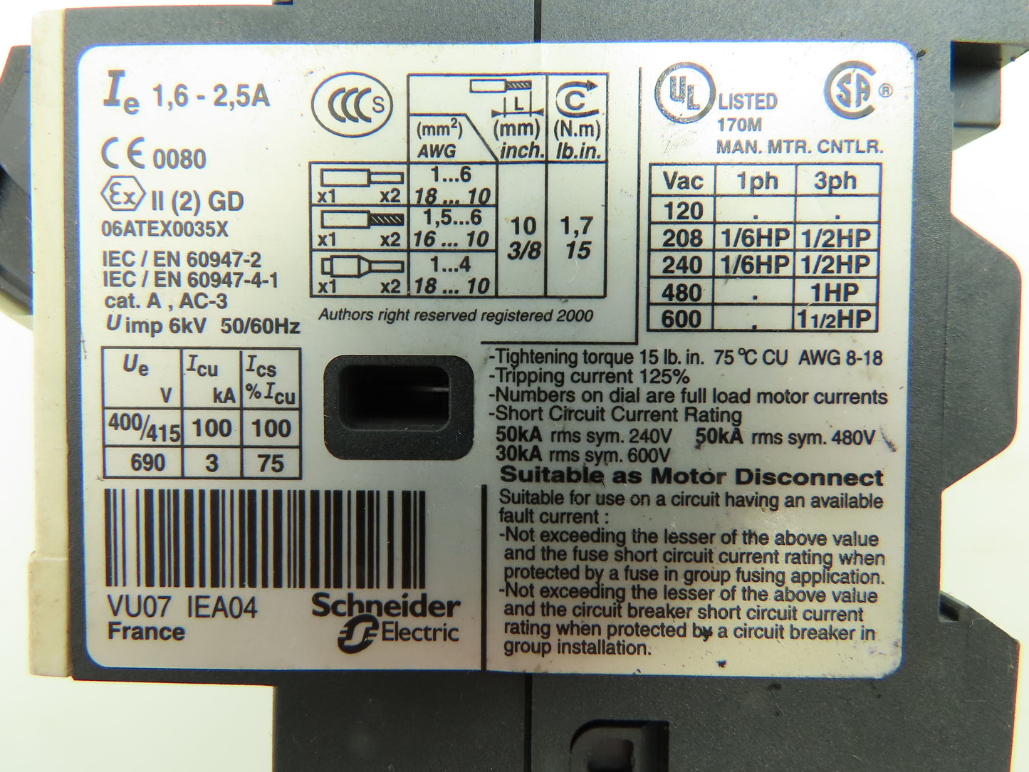 Telemecanique GV2ME07/1.6-2.5A Manual Motor Starter 1.6-2.5A 3Ph 480V Lot of 5