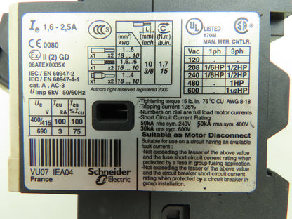 Telemecanique GV2ME07/1.6-2.5A Manual Motor Starter 1.6-2.5A 3Ph 480V Lot of 5