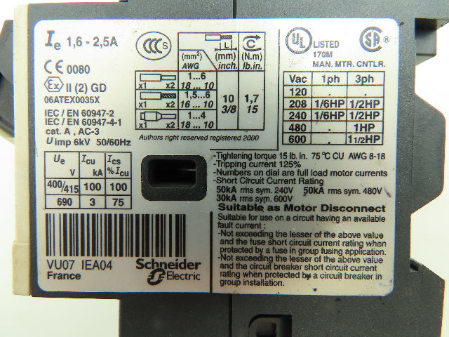 Telemecanique GV2ME07/1.6-2.5A Manual Motor Starter 1.6-2.5A 3Ph 480V Lot of 5