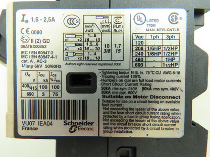 Telemecanique GV2ME07/1.6-2.5A Manual Motor Starter 1.6-2.5A 3Ph 480V Lot of 5