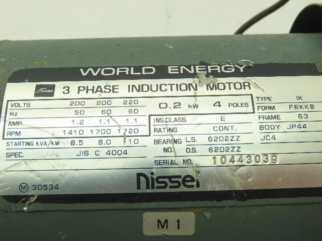 Toshiba Nissei World Energy AC Motor 0.2kW 1720 RPM 220V 3PH 1:15 Gearmotor