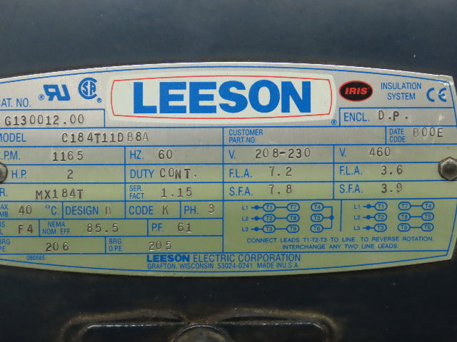Leeson C184T11DB8A DP Crop Dryer Air-Over Motor 2Hp 1165 RPM 230/460V 3PH MX184T