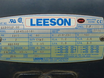 Leeson C184T11DB8A DP Crop Dryer Air-Over Motor 2Hp 1165 RPM 230/460V 3PH MX184T