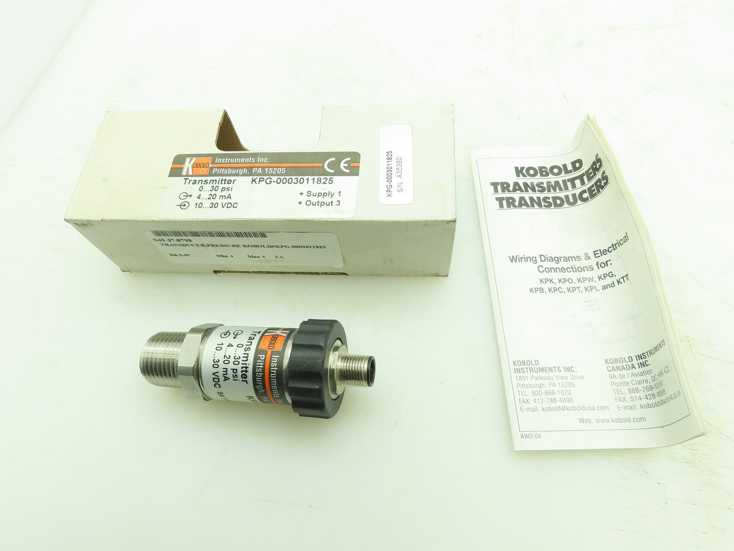 Kobold KPG-0003011825 High Precision Pressure Transmitter 0-30 PSI Transducer