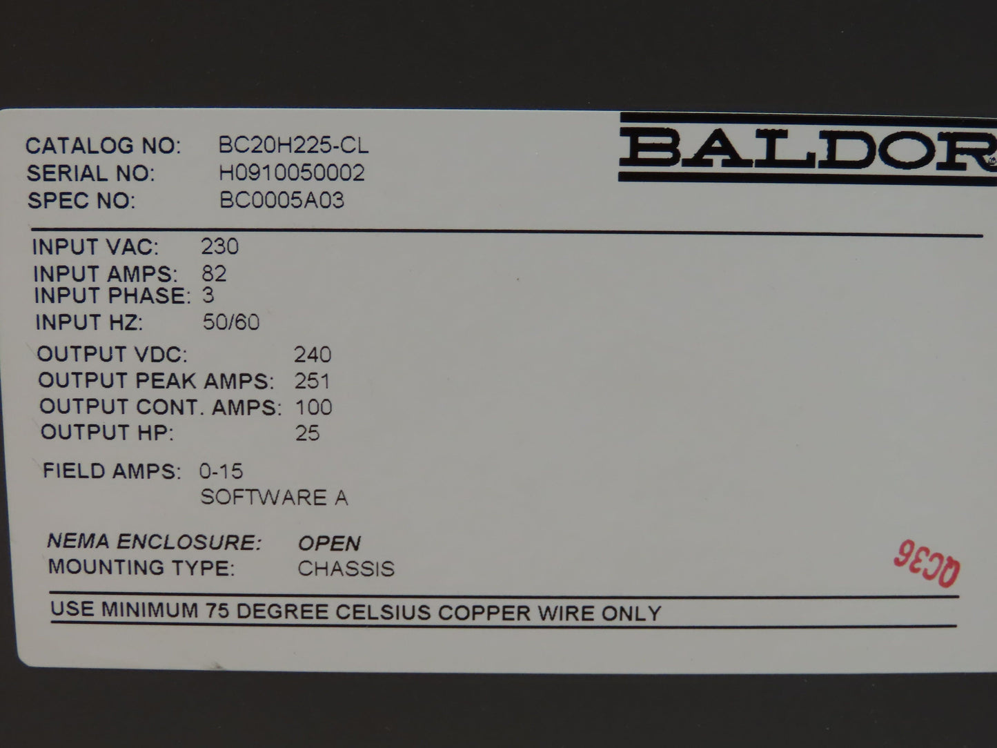 Baldor BC20H225-CL Line Regen DC Drive 25HP 240VDC 251A Out 230V 3Ph In