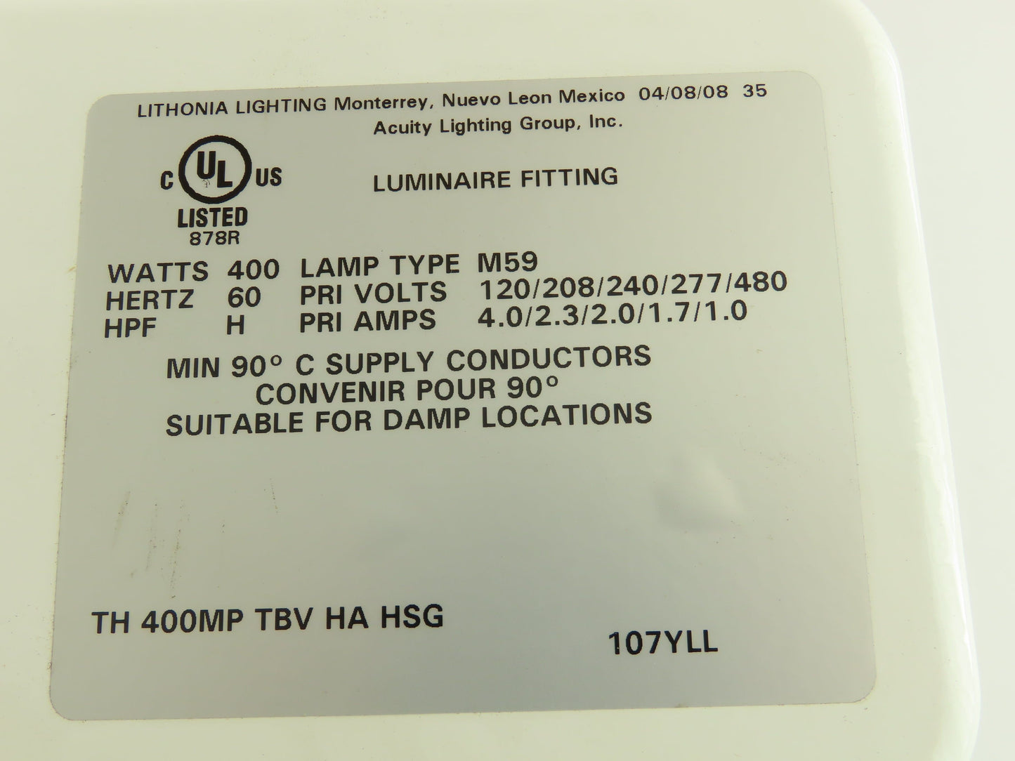 Lithonia Lighting 107YLL Aluminum High Bay Ballast 400W Lamp Metal Halide Bulb