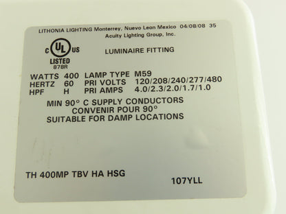 Lithonia Lighting 107YLL Aluminum High Bay Ballast 400W Lamp Metal Halide Bulb