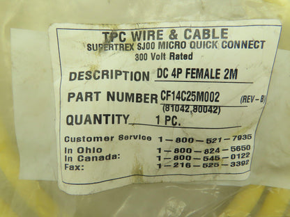 TPC Wire & Cable CF14C25M002 SJOO Quick Connect Cord Set 300V DC 4P Female 2M
