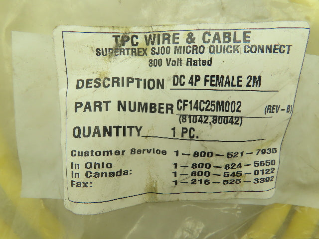 TPC Wire & Cable CF14C25M002 SJOO Quick Connect Cord Set 300V DC 4P Female 2M
