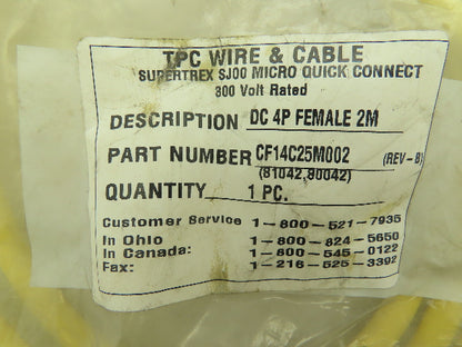 TPC Wire & Cable CF14C25M002 SJOO Quick Connect Cord Set 300V DC 4P Female 2M