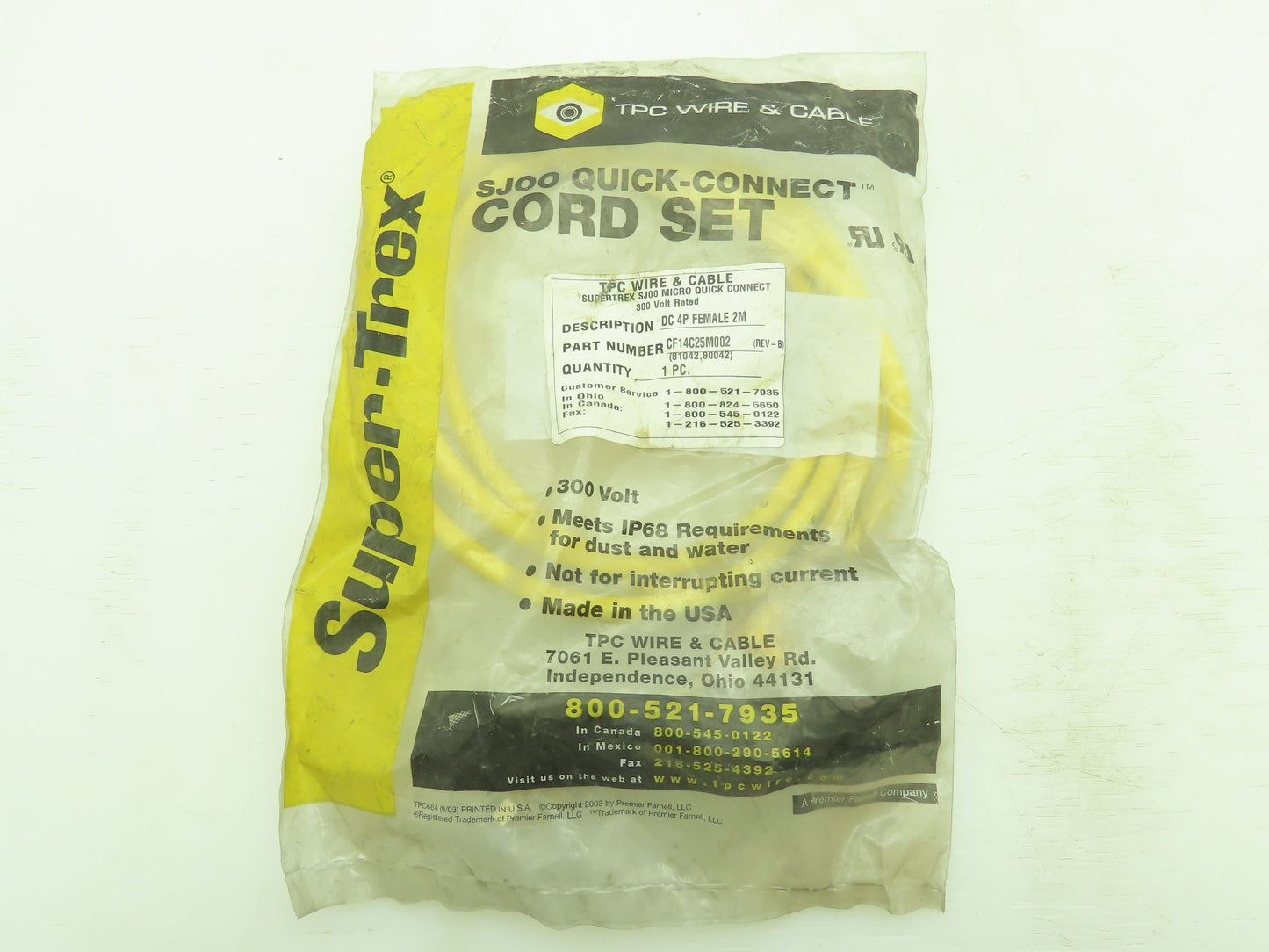 TPC Wire & Cable CF14C25M002 SJOO Quick Connect Cord Set 300V DC 4P Female 2M