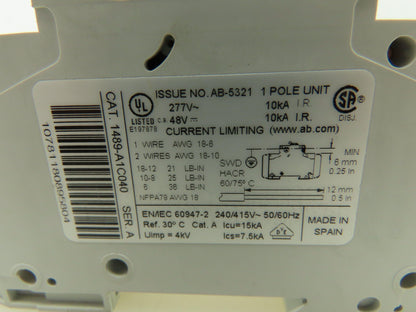 Allen Bradley 1489-A1C040 4A Circuit Breaker Series A 277V 1 Pole 4 Amp Lot of 6