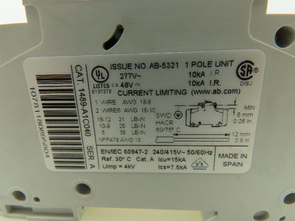 Allen Bradley 1489-A1C040 4A Circuit Breaker Series A 277V 1 Pole 4 Amp Lot of 6