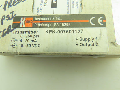 Kobold KPK-007501127 Pressure Transmitter 0-750 PSI Transducer