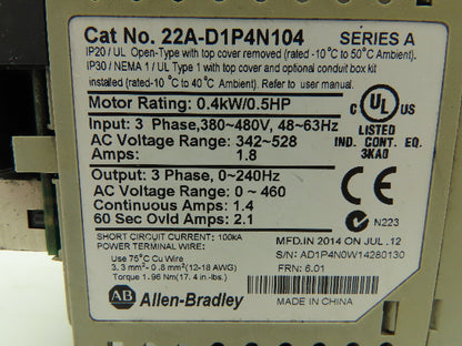 Allen Bradley 22A-D1P4N104 Powerflex 4 VFD Variable Frequency Drive 0.5 HP 480V