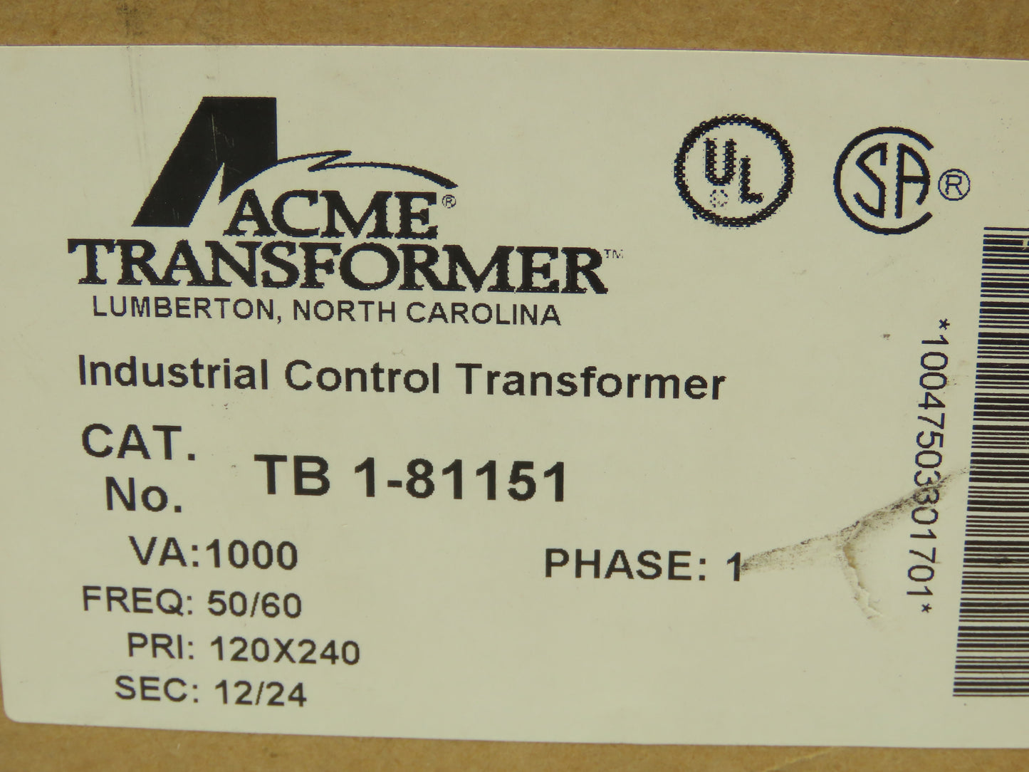 ACME Electric TB1-81151 Power Control Transformer 1.0KVA PRI 120X240 SEC 12/24V